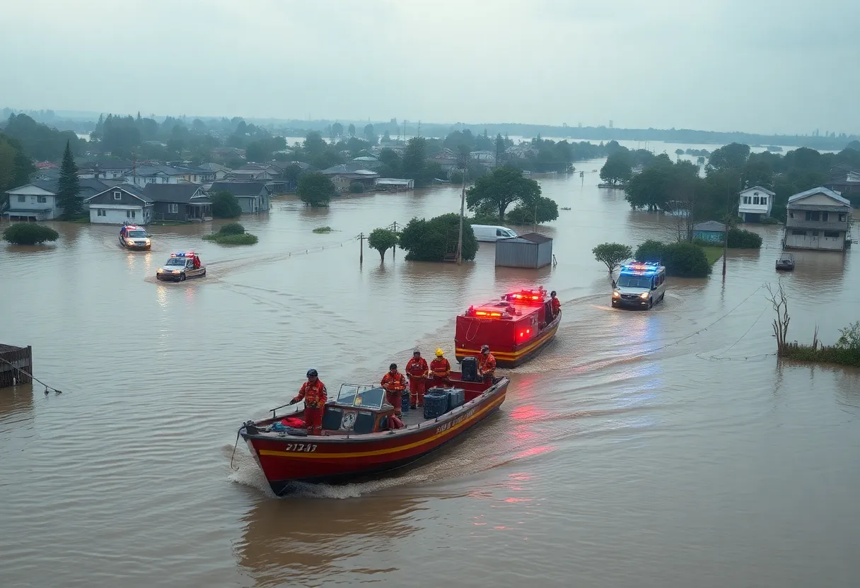 Flooded areas in Kerrville with emergency services responding