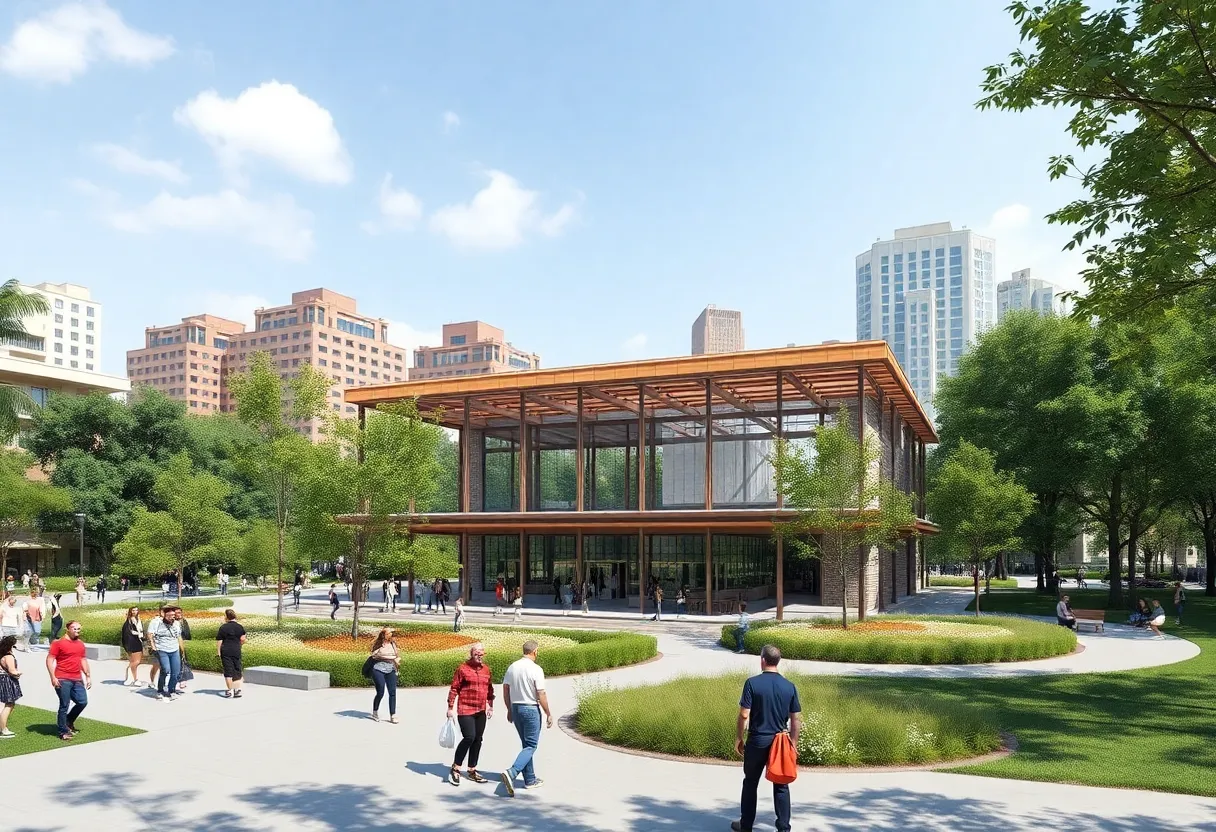 Construction site of Klyde Warren Park expansion with pavilion