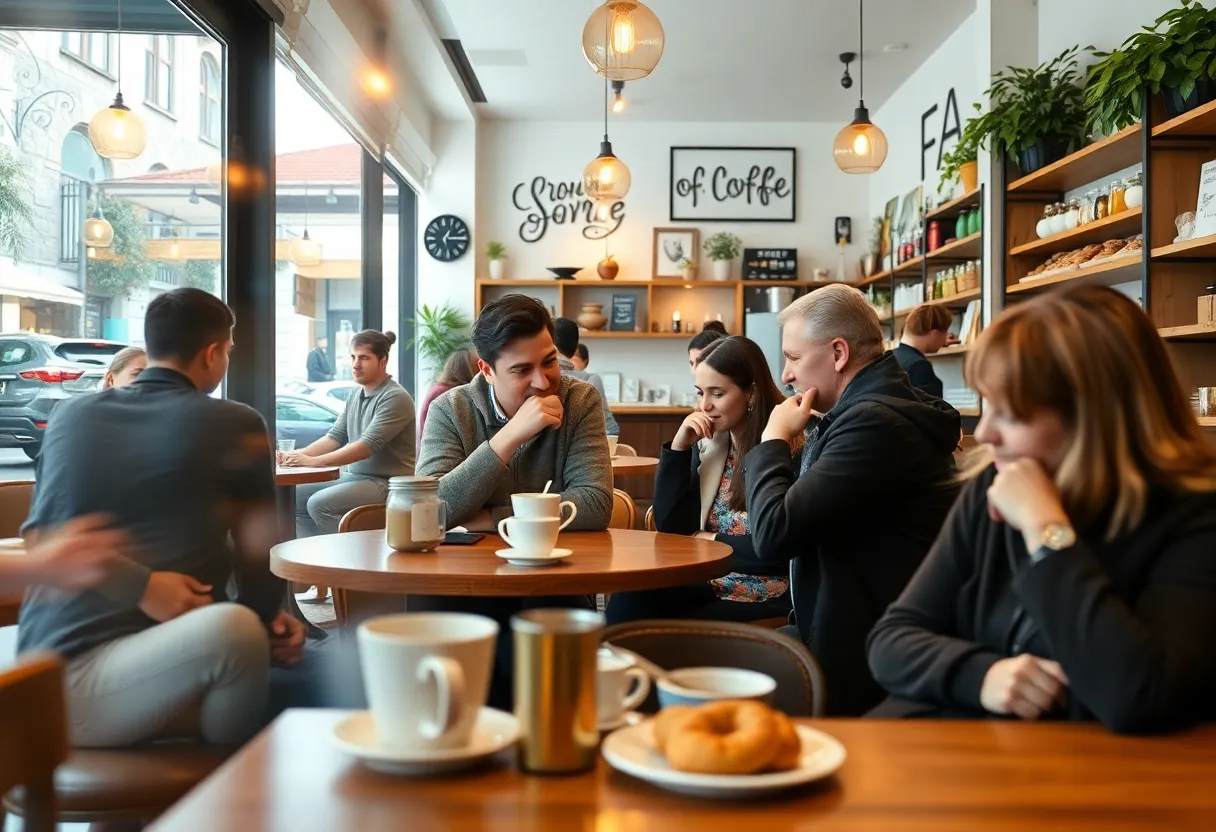Interior of La Casita Coffee in Deep Ellum with customers enjoying their drinks and pastries.