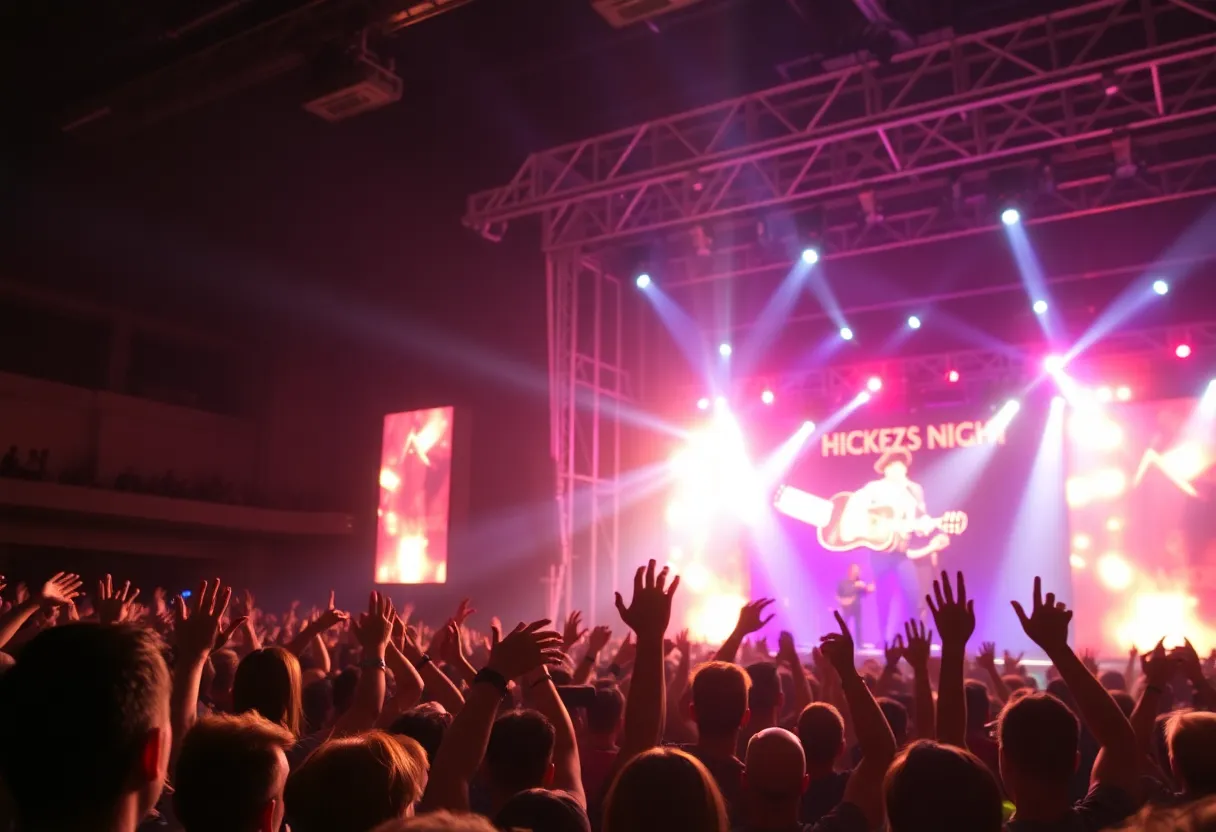 A lively concert atmosphere with fans enjoying a country music performance.
