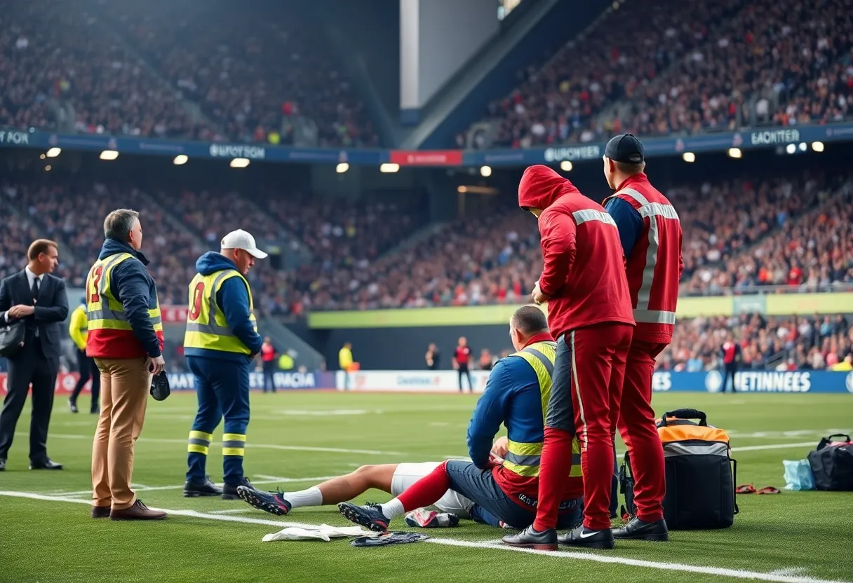 Medical staff examining a football player on the sidelines