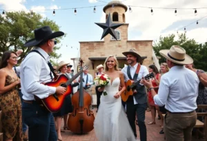 Outdoor wedding scene from 'Landman' episode featuring local landmarks.