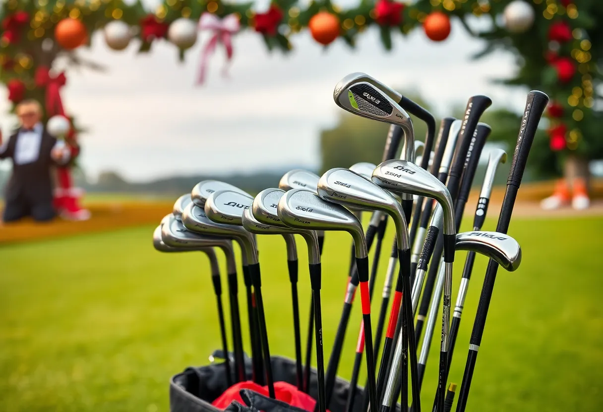 A collection of left-handed golf clubs on display.