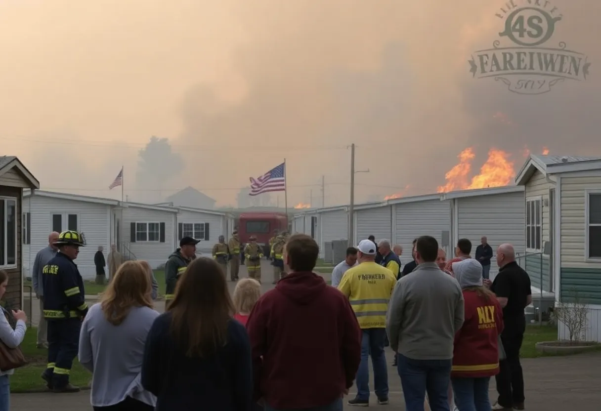 Mobile home park fire scene with responders