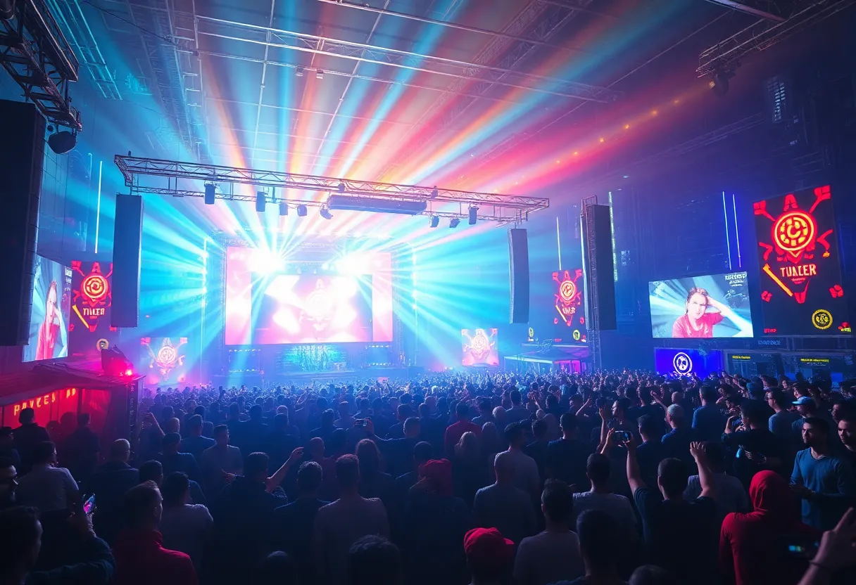 Vibrant electronic music festival atmosphere with colorful lights and crowds at Dallas Market Hall.