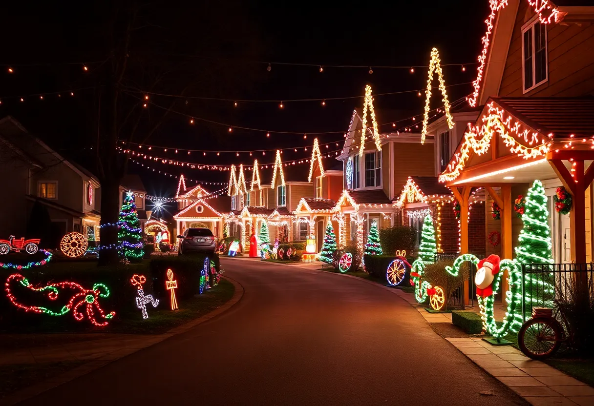Colorful holiday lights adorning homes in Arlington's Interlochen neighborhood