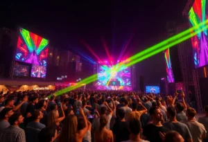 Crowd enjoying the Lights All Night Festival with colorful lights