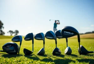 Various lightweight golf drivers for seniors arranged on a golf course