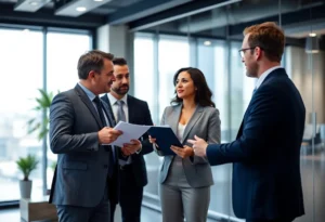 Business professionals discussing a corporate merger in an office.