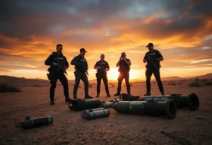 Police officers securing bomb-making materials in the Mojave Desert