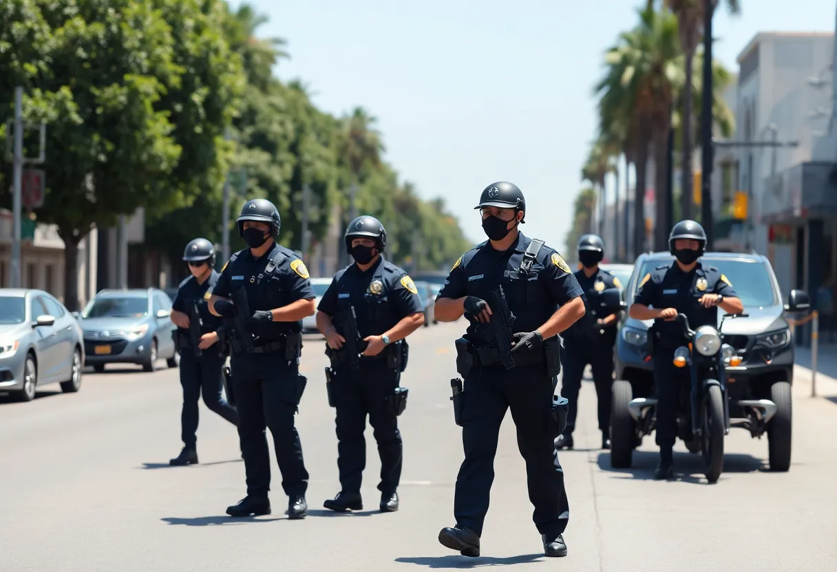 Los Angeles street with law enforcement maintaining peace
