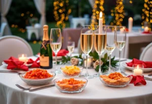 Luxurious New Year's Eve table setting with champagne and caviar