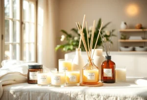 Display of luxury candles and diffusers by Austin Street Home