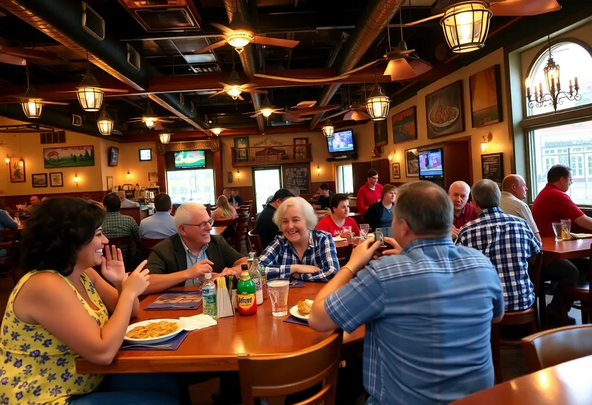 Interior of a lively Cajun restaurant with diners enjoying meals.