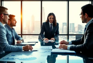 Corporate advisors collaborating on M&A strategies with Dallas skyline in background.