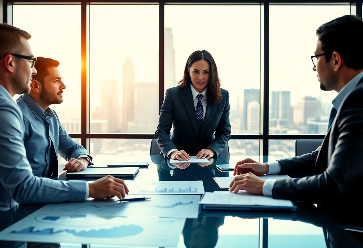 Corporate advisors collaborating on M&A strategies with Dallas skyline in background.