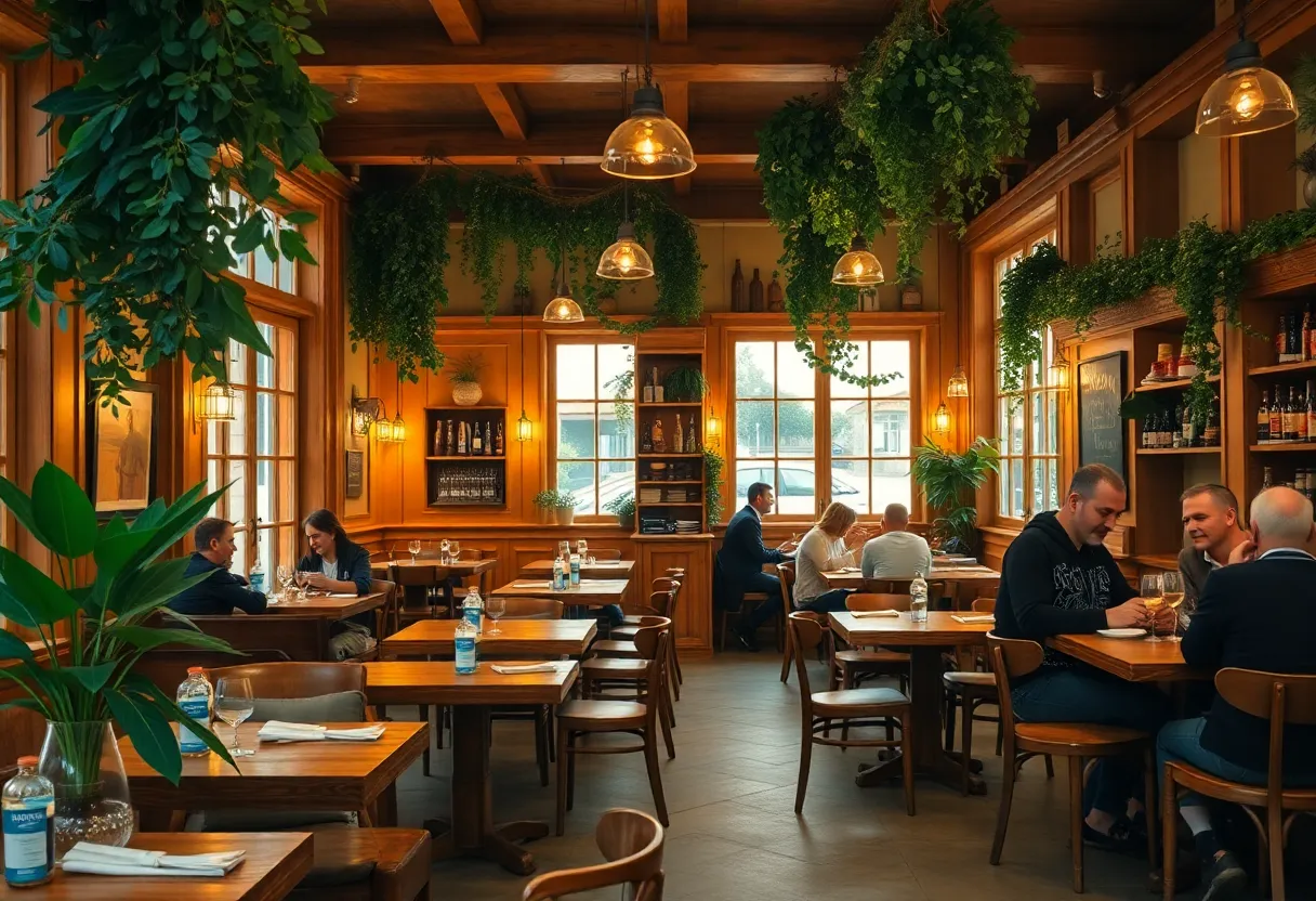 Interior view of Maman Café in Dallas with patrons and greenery.