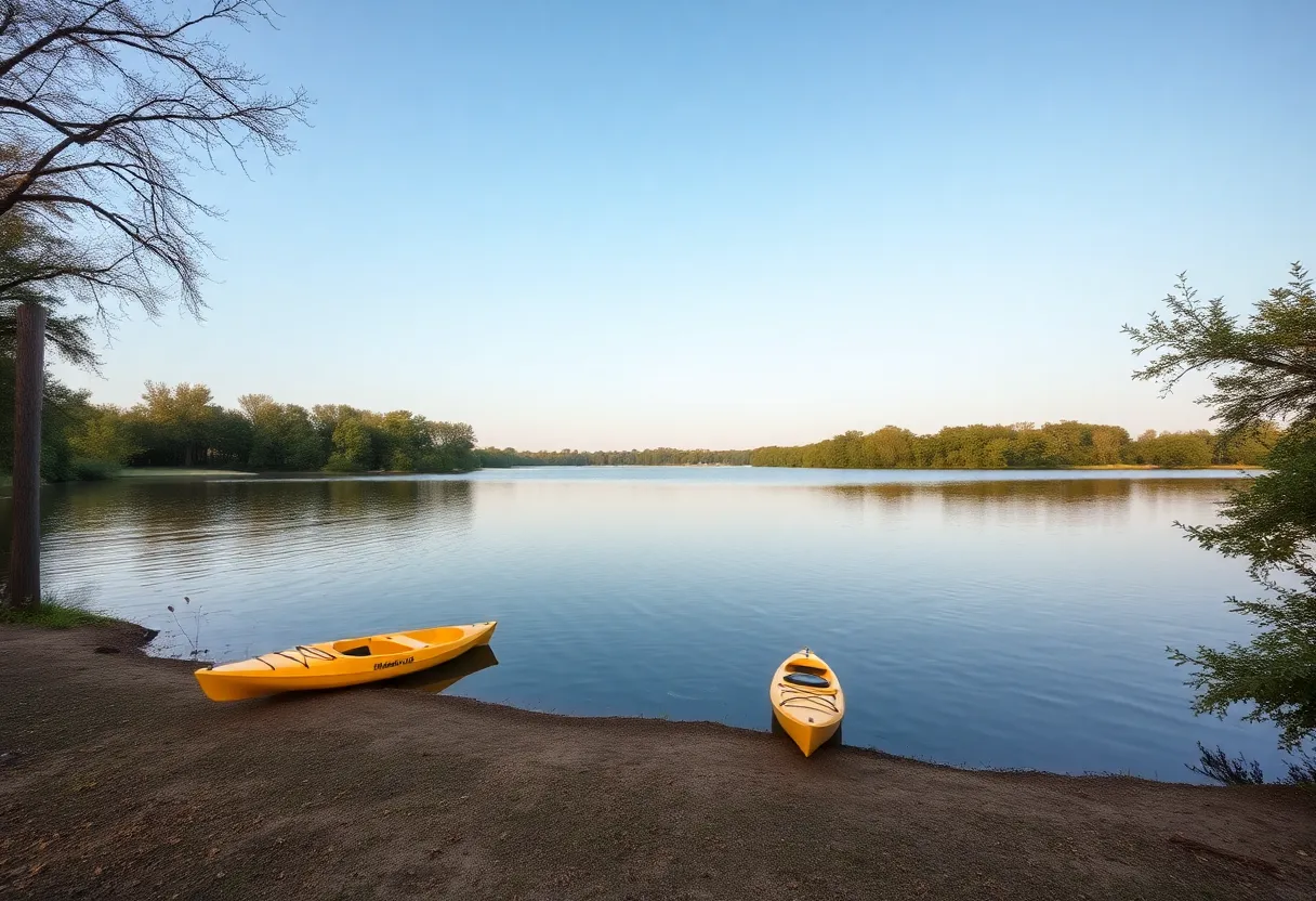 View of Marine Creek Lake surrounded by trees with kayaks in the foreground.