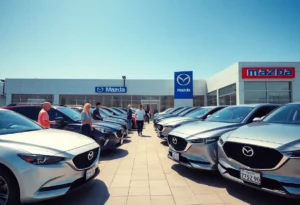 Mazda dealership with customers interacting and various Mazda vehicles displayed