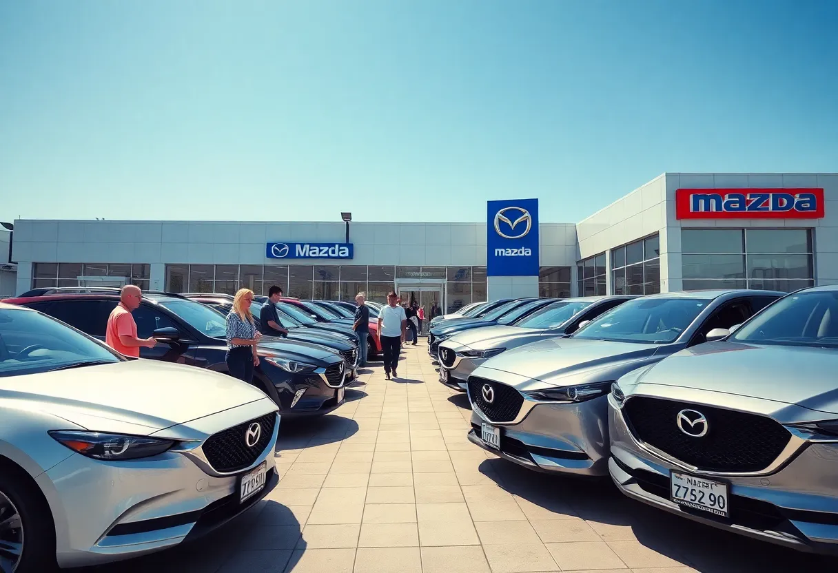 Mazda dealership with customers interacting and various Mazda vehicles displayed