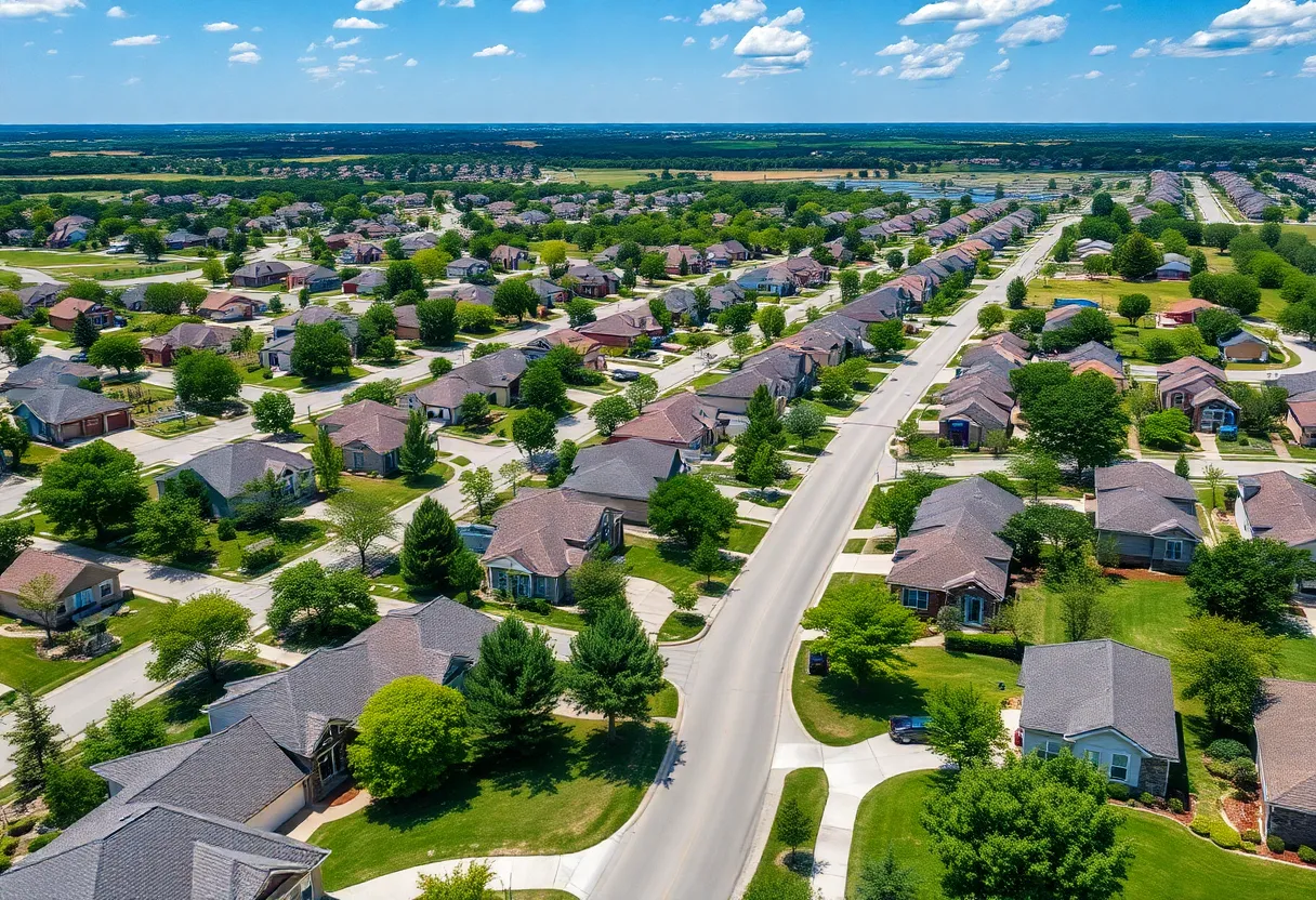 Aerial view of a suburban neighborhood in McKinney, Texas, emphasizing affordability.
