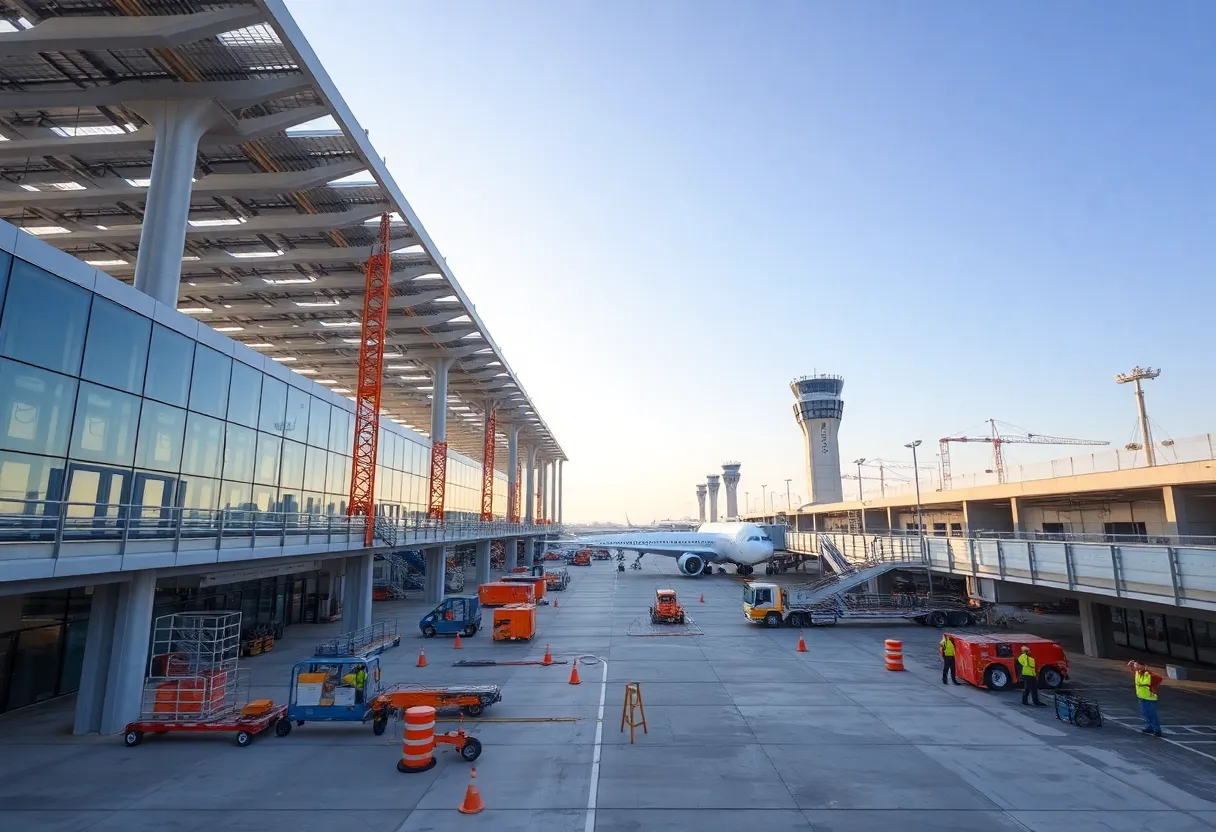 Construction site of McKinney National Airport with workers.