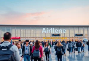 A new terminal building at McKinney National Airport with travelers and airplanes.
