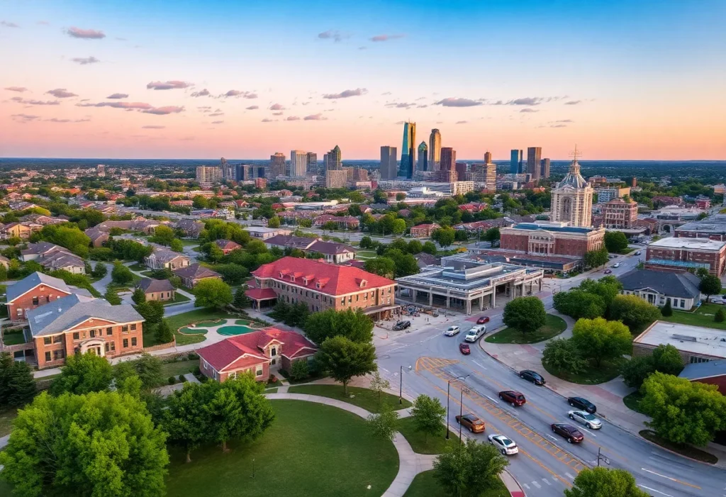 City skyline of McKinney, Texas with modern buildings and green spaces