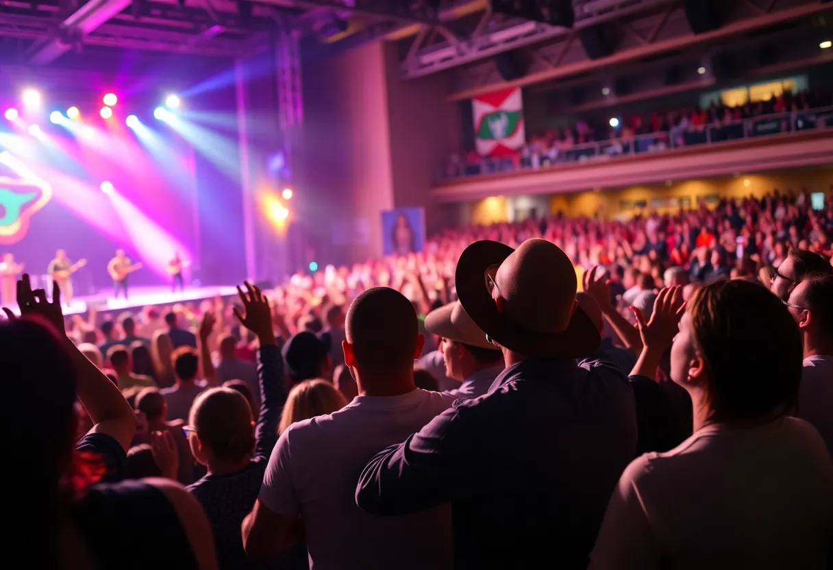 A lively concert crowd enjoying a country music performance.