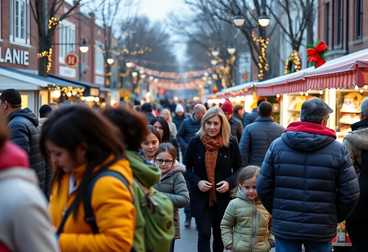 Families enjoying the Melanin & Mistletoe Festival with holiday decorations and local vendors.