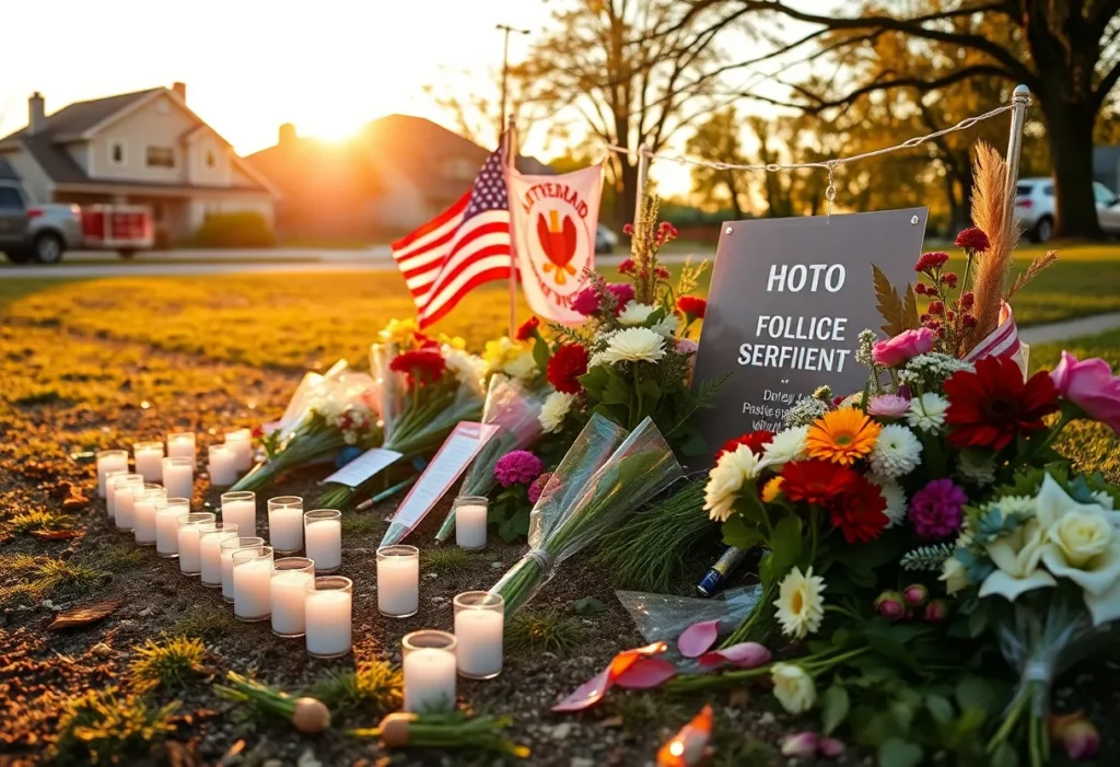 Memorial setup with candles and flowers for Deputy Fire Chief Austin Cooley