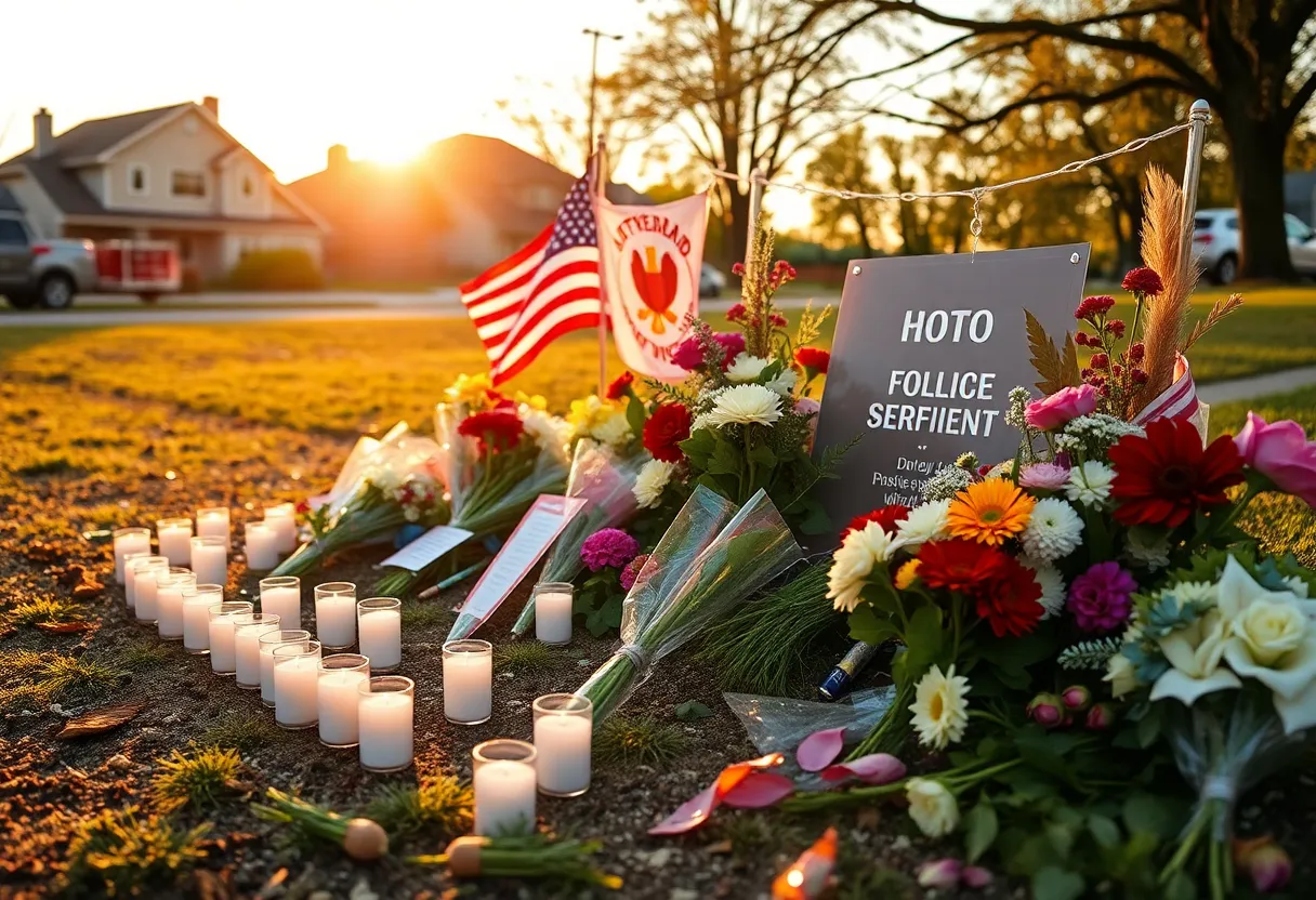 Memorial setup with candles and flowers for Deputy Fire Chief Austin Cooley