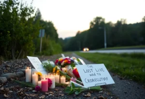 A roadside memorial for cyclists with flowers and candles