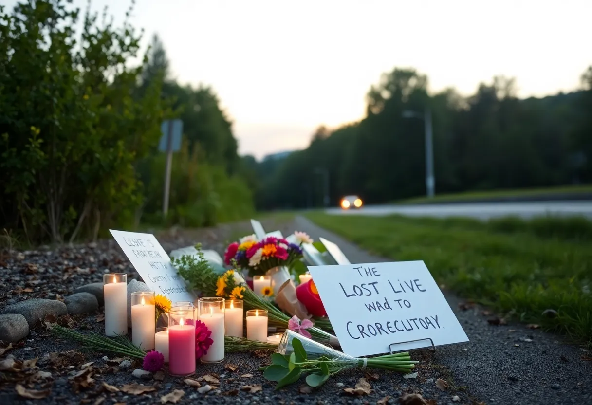 A roadside memorial for cyclists with flowers and candles