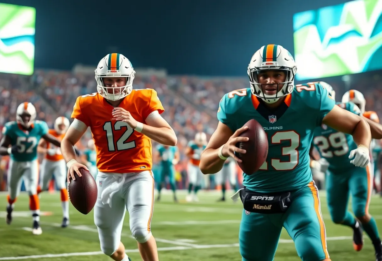 Rookie quarterback for the Miami Dolphins during a game, showcasing teamwork.