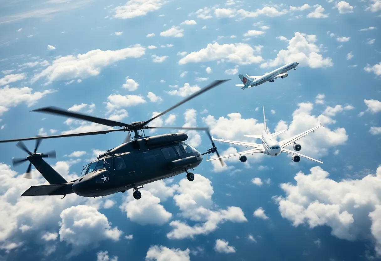 Artistic representation of mid-air aviation safety technology in the sky