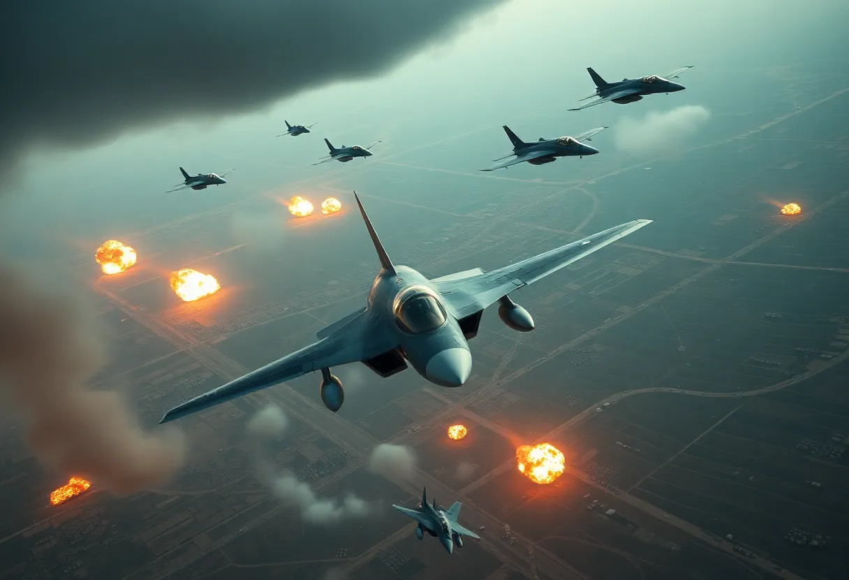 Aerial view of military operations in Syria showing fighter jets