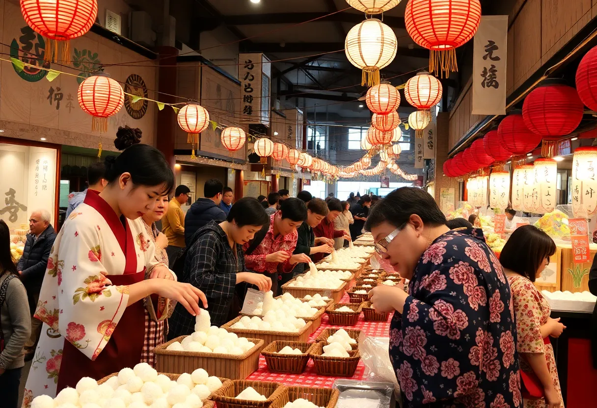 Participants enjoying the Mochitsuki celebration with mochi-making activities.