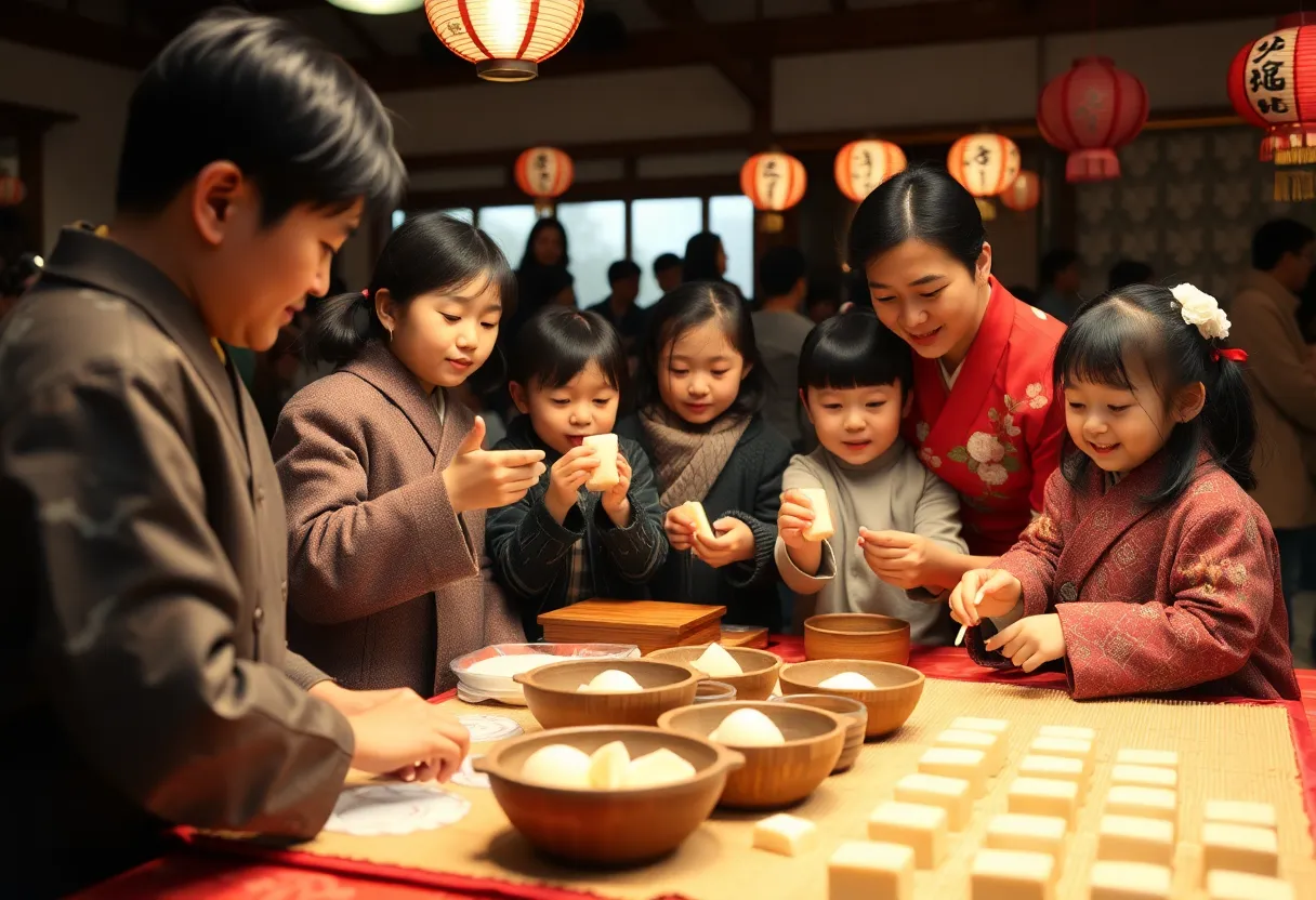 Families engaging in Mochitsuki activities during the New Year's celebration in Dallas.