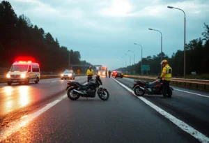 Accident scene showing motorcycle and emergency responders