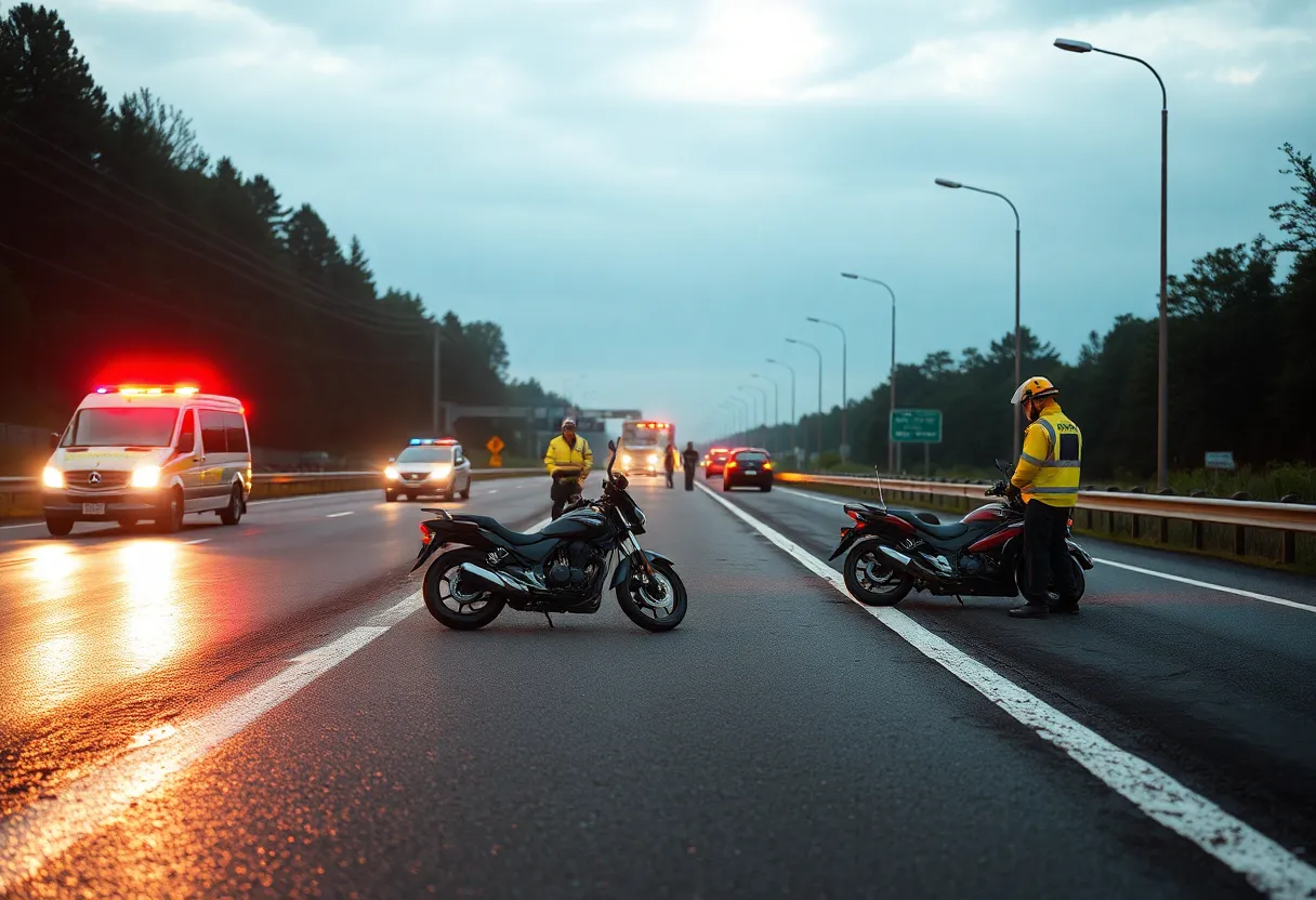 Accident scene showing motorcycle and emergency responders