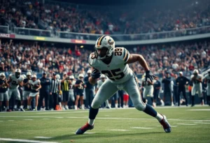 Defensive player making a play on the field during a football game.