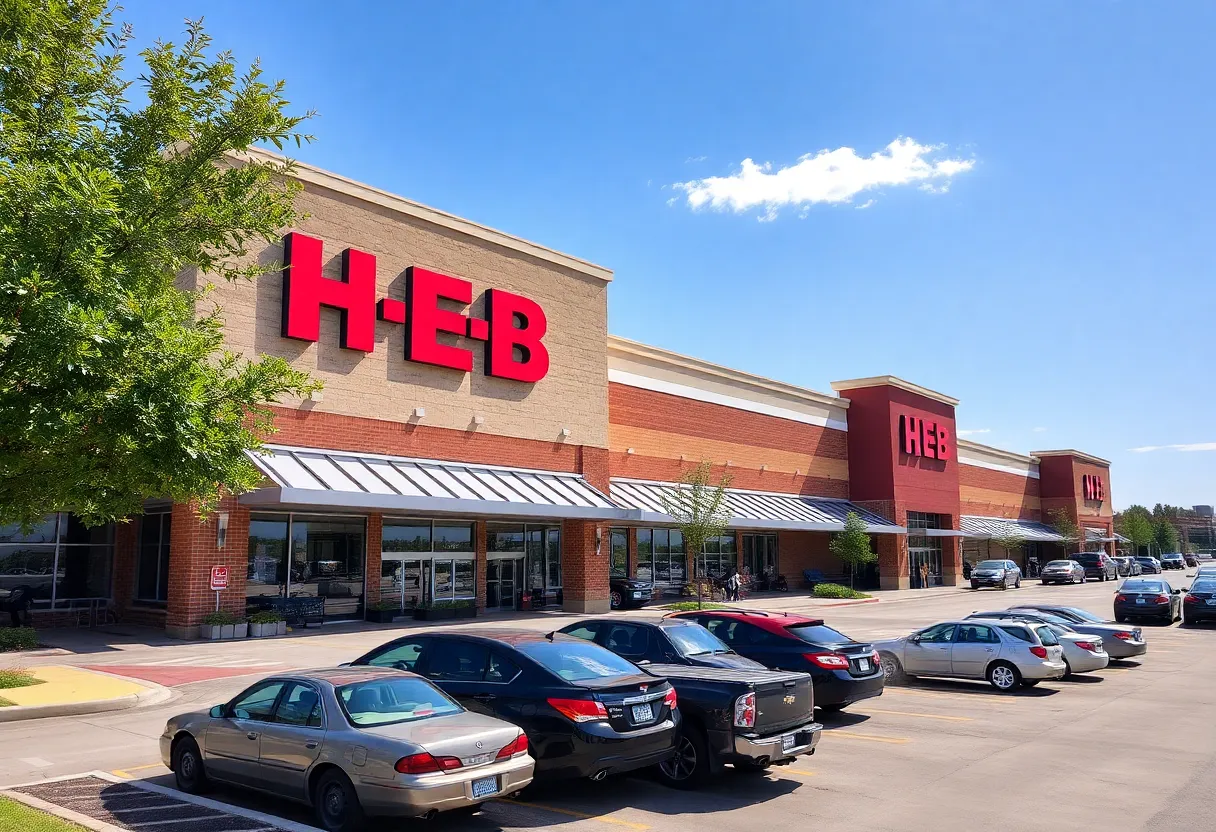 Rendering of the new H-E-B grocery store in Dallas with a two-story parking garage.
