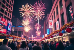 People celebrating New Year's Eve with fireworks in Dallas TX