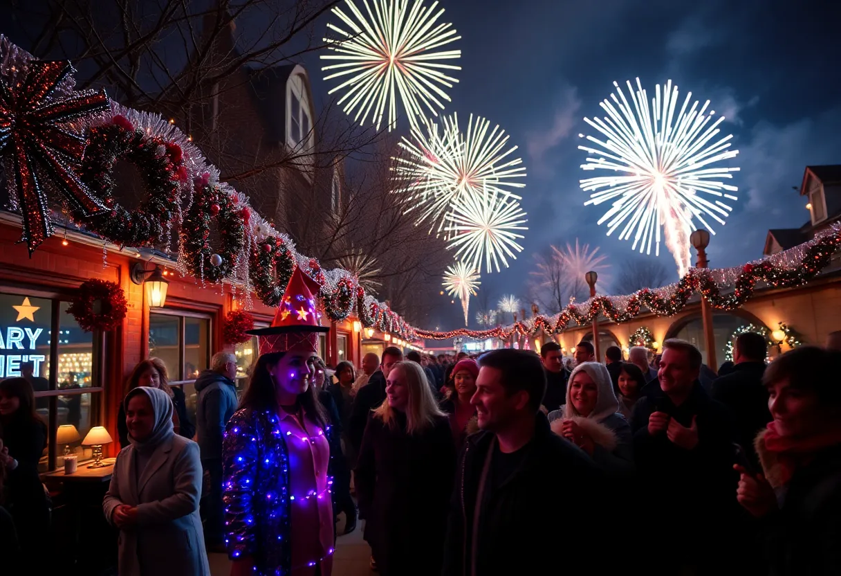 Crowd enjoying New Year's Eve celebrations with decorations and fireworks