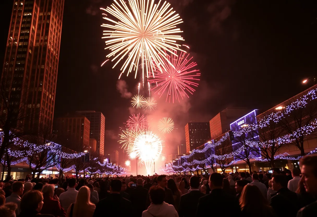 Fireworks display illuminating the Dallas skyline during New Year's Eve celebrations