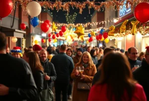 Community gathering at New Year's Eve event with decorations and festivities