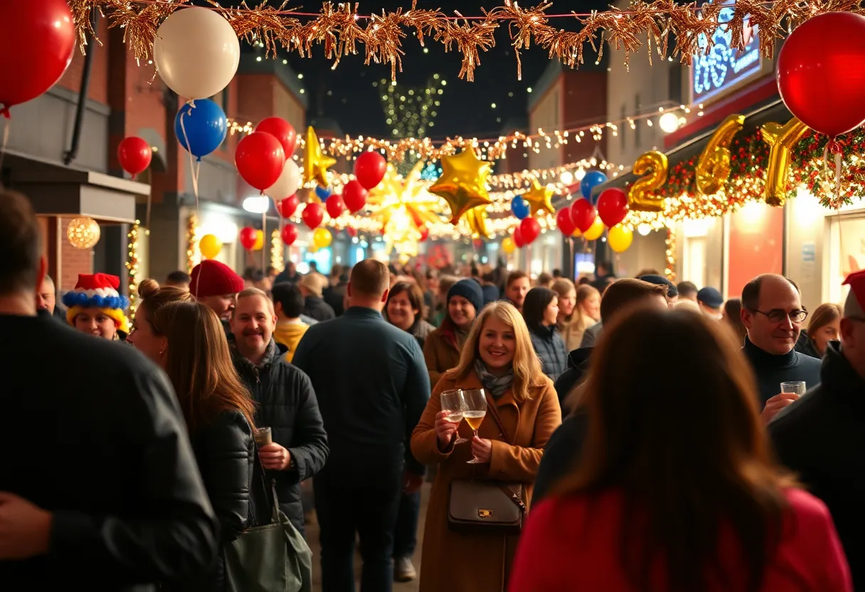 Community gathering at New Year's Eve event with decorations and festivities