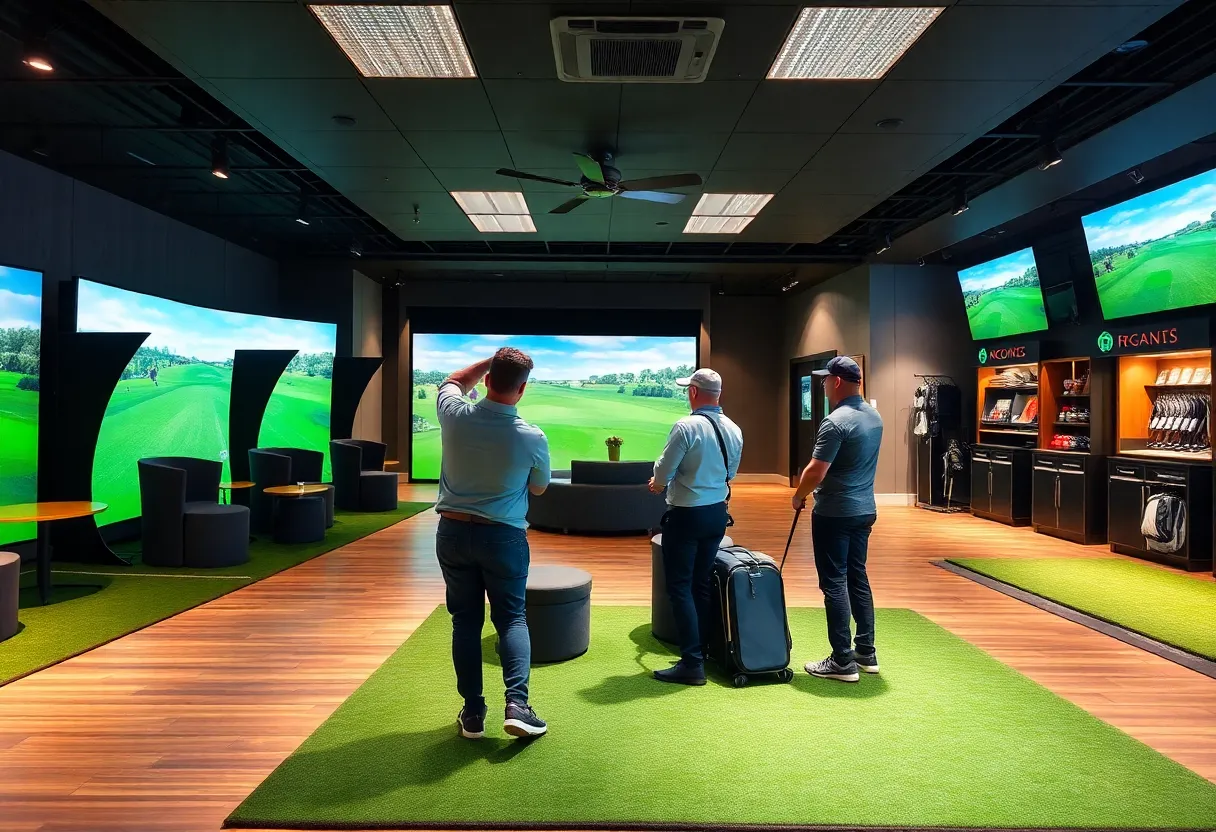 Conceptual interior design of NextVision Golf Club featuring golf simulators and dining area.