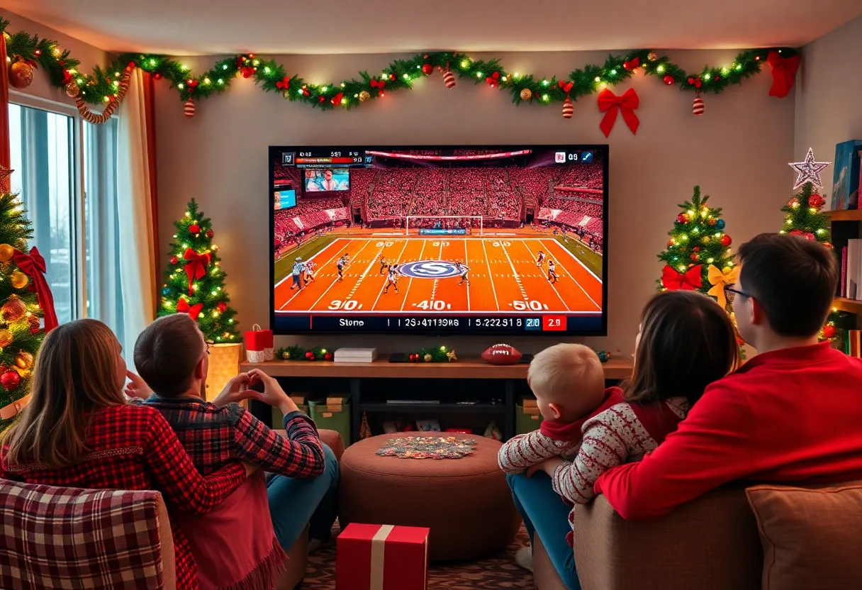 Families watching NFL Christmas Day games on a large TV screen.